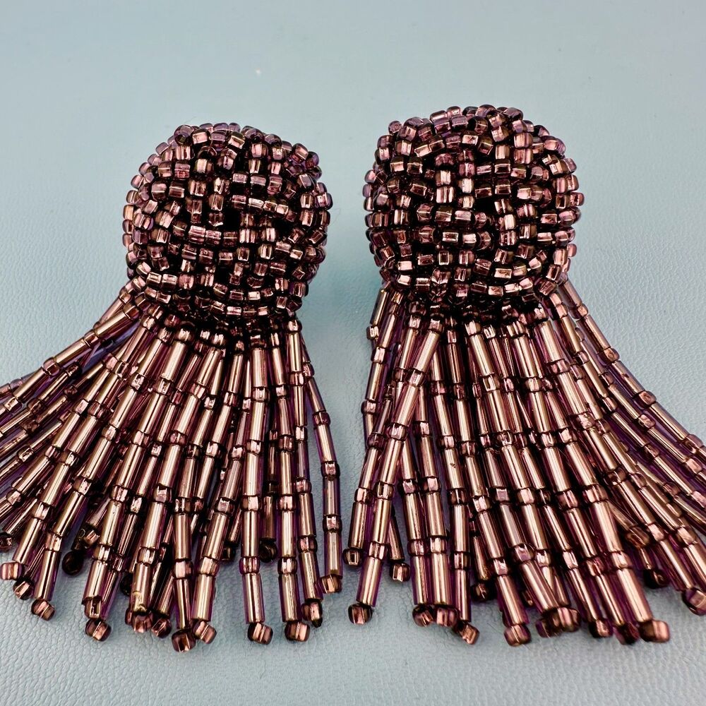 Vintage Purple Seed Bead Tassel Earrings Iridescent Clip On Dangle Hand Sewn - Picture 8 of 11